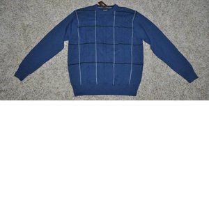 Mens Sweater Haggar Blue Windowpane Small Long Sleeve Crew Neck Cotton